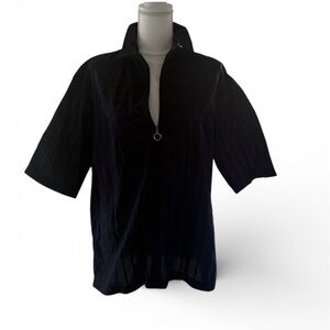 Per Se by Carlisle navy cotton hi neck top with silver ring zipper minimalist